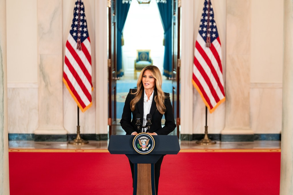 First Lady Melania Trump makes an announcement concerning the reunification of Ukrainian Children with their families in the Russia-Ukraine conflict, in the Grand Foyer of the White House, Friday, October 10, 2025. (Official White House Photo by Cody Hendrix)