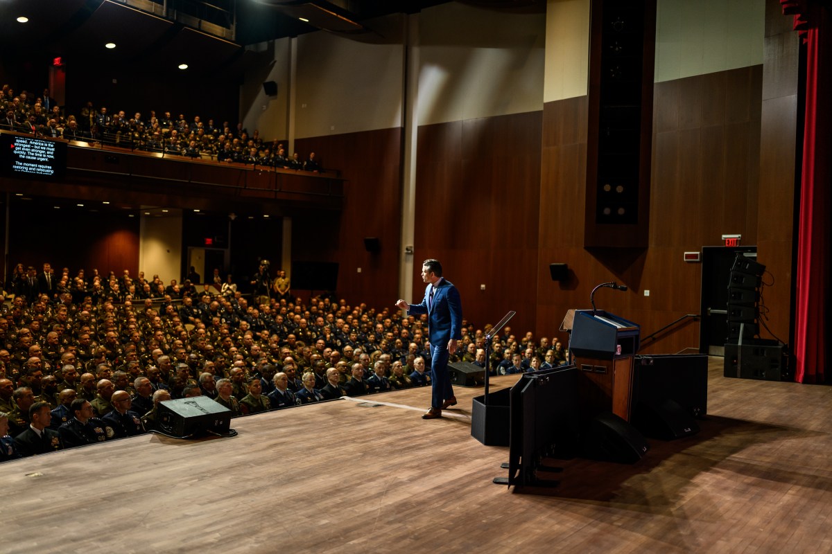 Secretary Pete Hegseth of the Department of War makes remarks at a gathering of top military leadership, Tuesday, September 30, 2025, at Marine Corps University in Quantico, Virginia. (Official White House Photo by Daniel Torok)