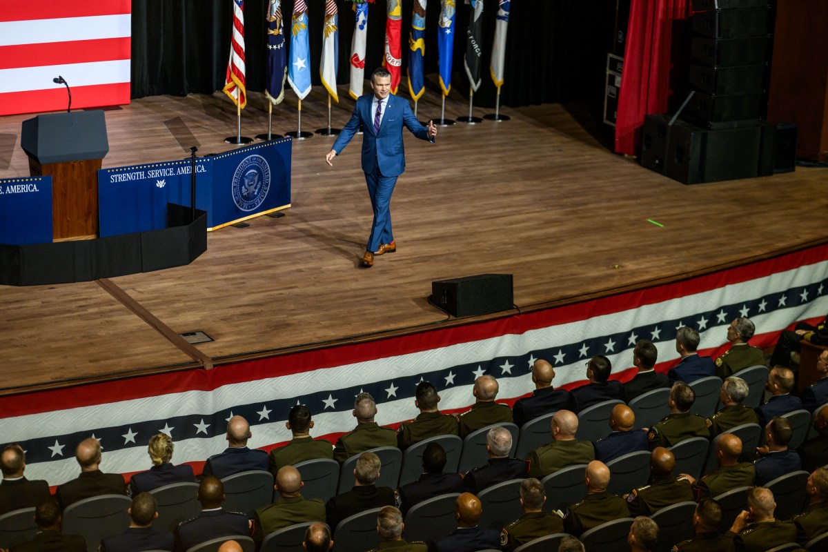 Secretary Pete Hegseth of the Department of War makes remarks at a gathering of top military leadership, Tuesday, September 30, 2025, at Marine Corps University in Quantico, Virginia. (Official White House Photo by Daniel Torok)