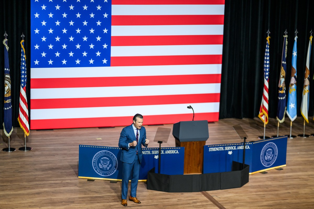 Secretary Pete Hegseth of the Department of War makes remarks at a gathering of top military leadership, Tuesday, September 30, 2025, at Marine Corps University in Quantico, Virginia. (Official White House Photo by Daniel Torok)