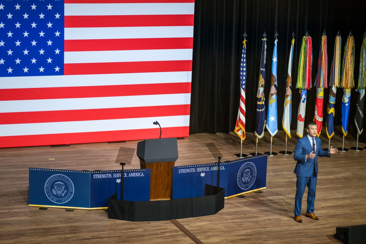 Secretary Pete Hegseth of the Department of War makes remarks at a gathering of top military leadership, Tuesday, September 30, 2025, at Marine Corps University in Quantico, Virginia. (Official White House Photo by Daniel Torok)