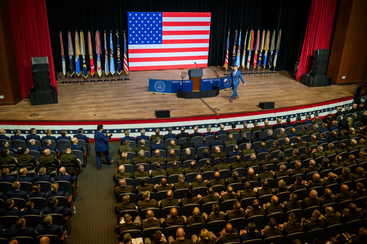 Secretary Pete Hegseth of the Department of War makes remarks at a gathering of top military leadership, Tuesday, September 30, 2025, at Marine Corps University in Quantico, Virginia. (Official White House Photo by Daniel Torok)