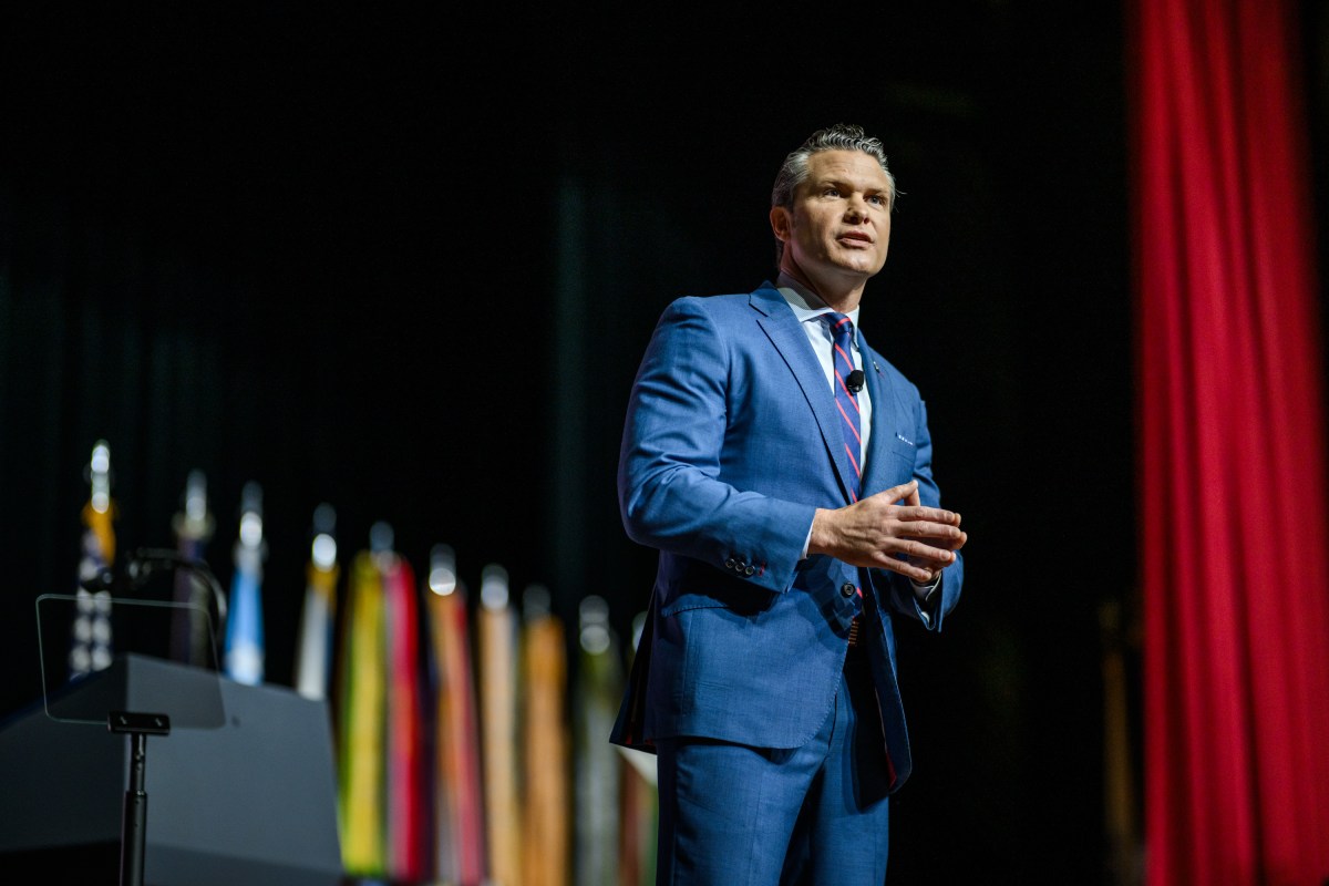 Secretary Pete Hegseth of the Department of War makes remarks at a gathering of top military leadership, Tuesday, September 30, 2025, at Marine Corps University in Quantico, Virginia. (Official White House Photo by Daniel Torok)