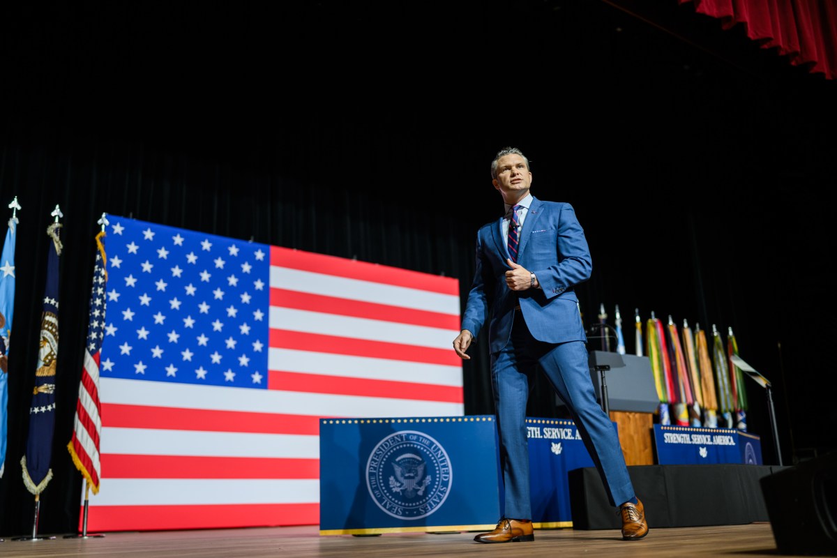Secretary Pete Hegseth of the Department of War makes remarks at a gathering of top military leadership, Tuesday, September 30, 2025, at Marine Corps University in Quantico, Virginia. (Official White House Photo by Daniel Torok)