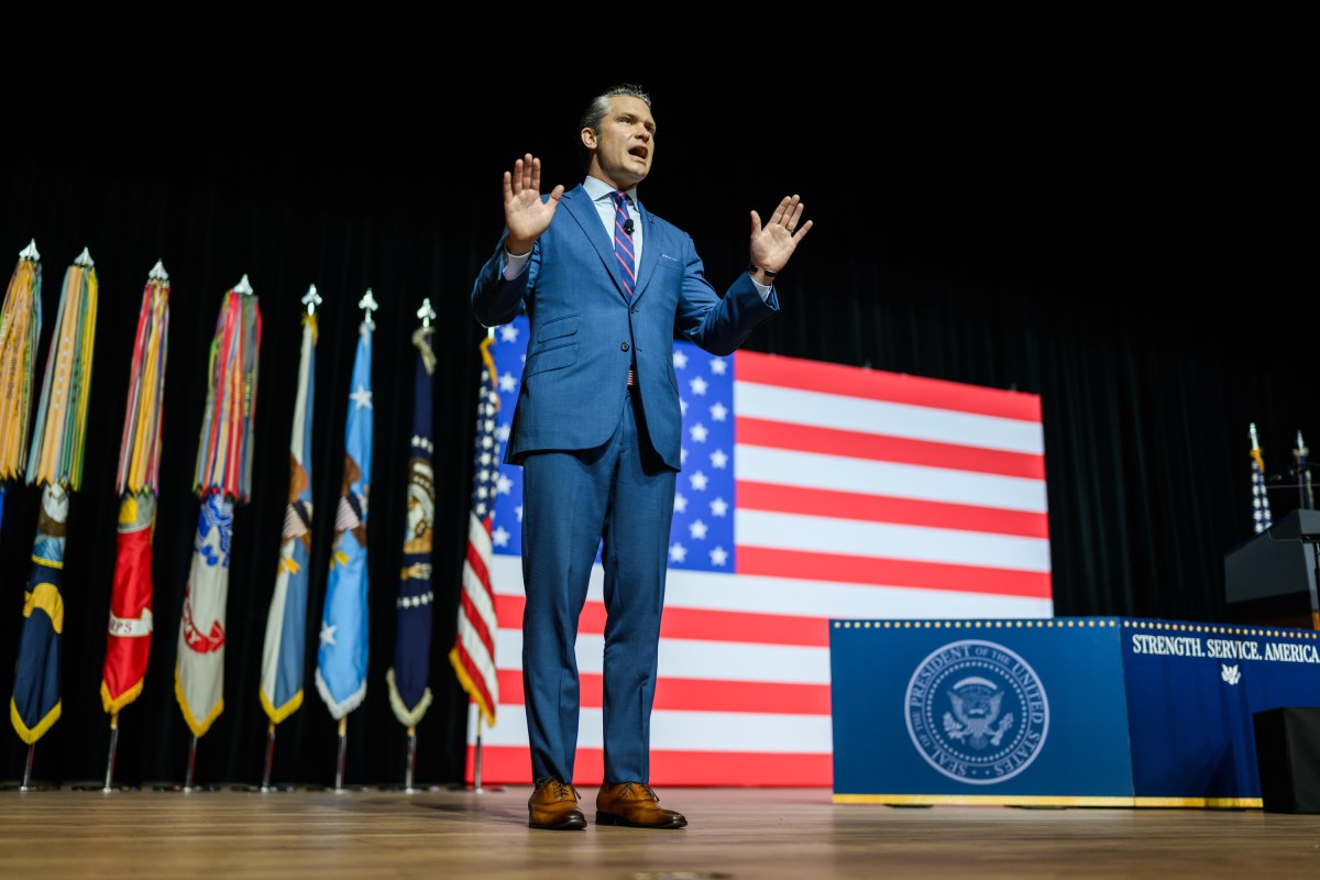 Secretary Pete Hegseth of the Department of War makes remarks at a gathering of top military leadership, Tuesday, September 30, 2025, at Marine Corps University in Quantico, Virginia. (Official White House Photo by Daniel Torok)