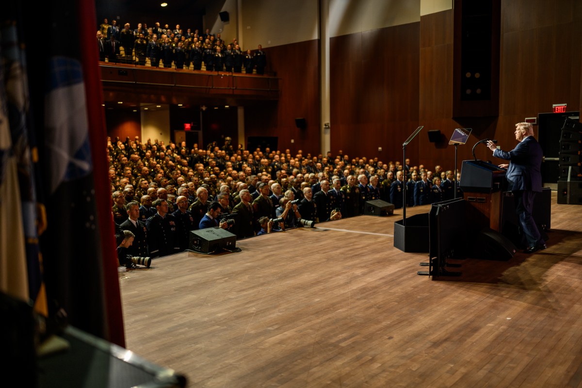 President Donald Trump makes remarks at a gathering of top military leadership, Tuesday, September 30, 2025, at Marine Corps University in Quantico, Virginia. (Official White House Photo by Daniel Torok)