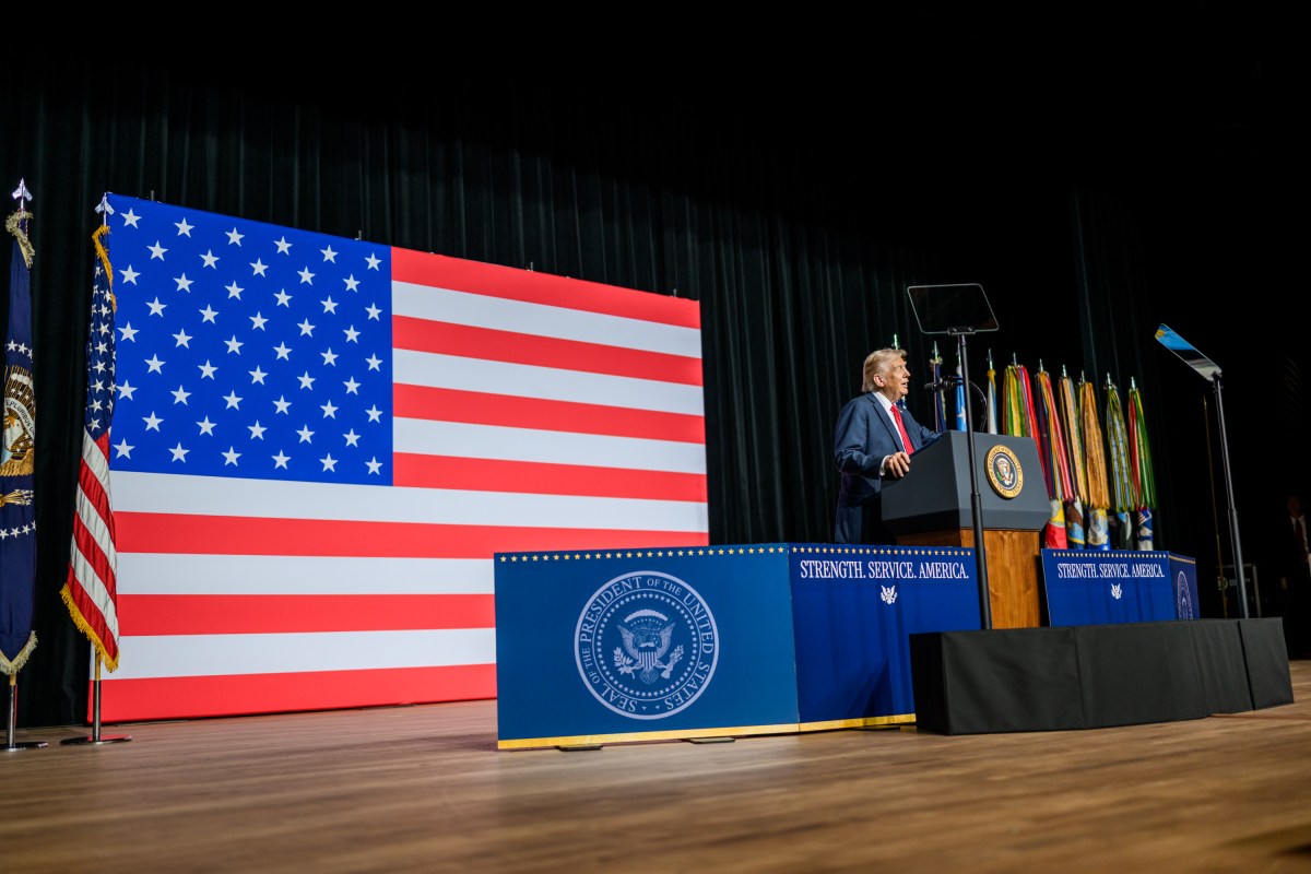 President Donald Trump makes remarks at a gathering of top military leadership, Tuesday, September 30, 2025, at Marine Corps University in Quantico, Virginia. (Official White House Photo by Daniel Torok)