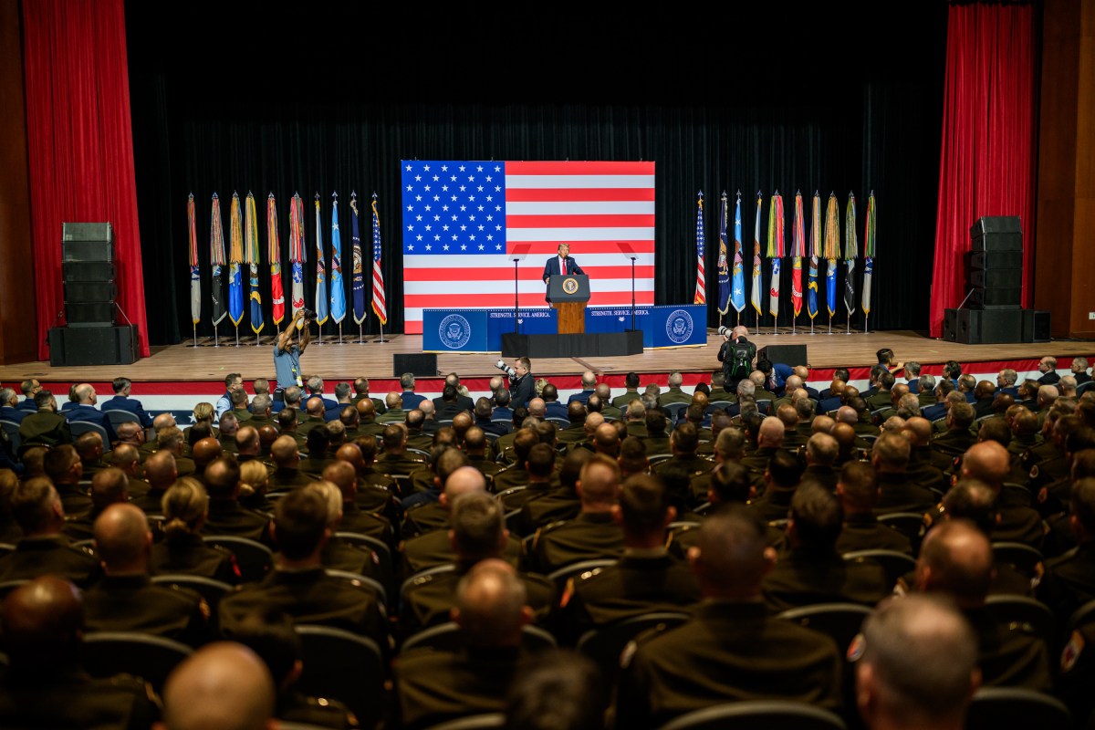 President Donald Trump makes remarks at a gathering of top military leadership, Tuesday, September 30, 2025, at Marine Corps University in Quantico, Virginia. (Official White House Photo by Daniel Torok)
