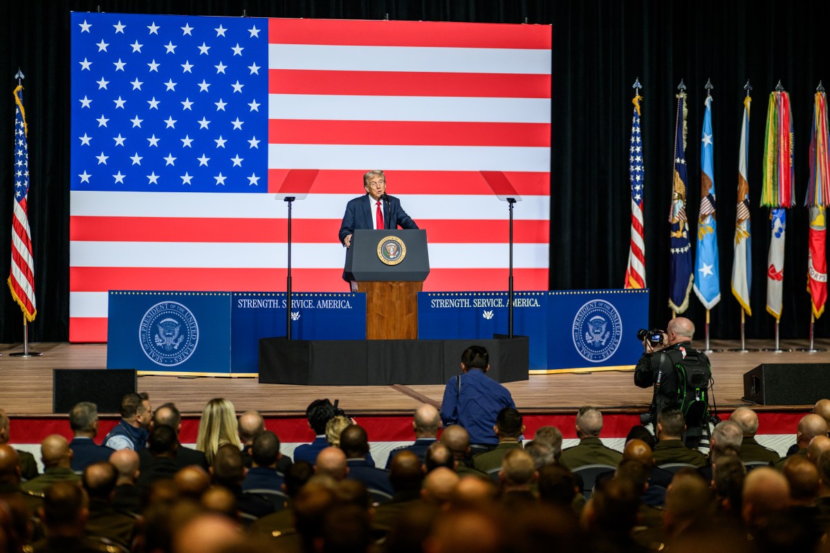 President Donald Trump makes remarks at a gathering of top military leadership, Tuesday, September 30, 2025, at Marine Corps University in Quantico, Virginia. (Official White House Photo by Daniel Torok)