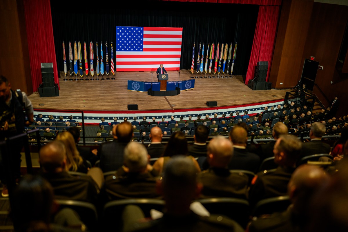 President Donald Trump makes remarks at a gathering of top military leadership, Tuesday, September 30, 2025, at Marine Corps University in Quantico, Virginia. (Official White House Photo by Daniel Torok)