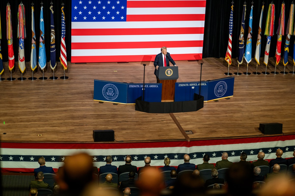 President Donald Trump makes remarks at a gathering of top military leadership, Tuesday, September 30, 2025, at Marine Corps University in Quantico, Virginia. (Official White House Photo by Daniel Torok)