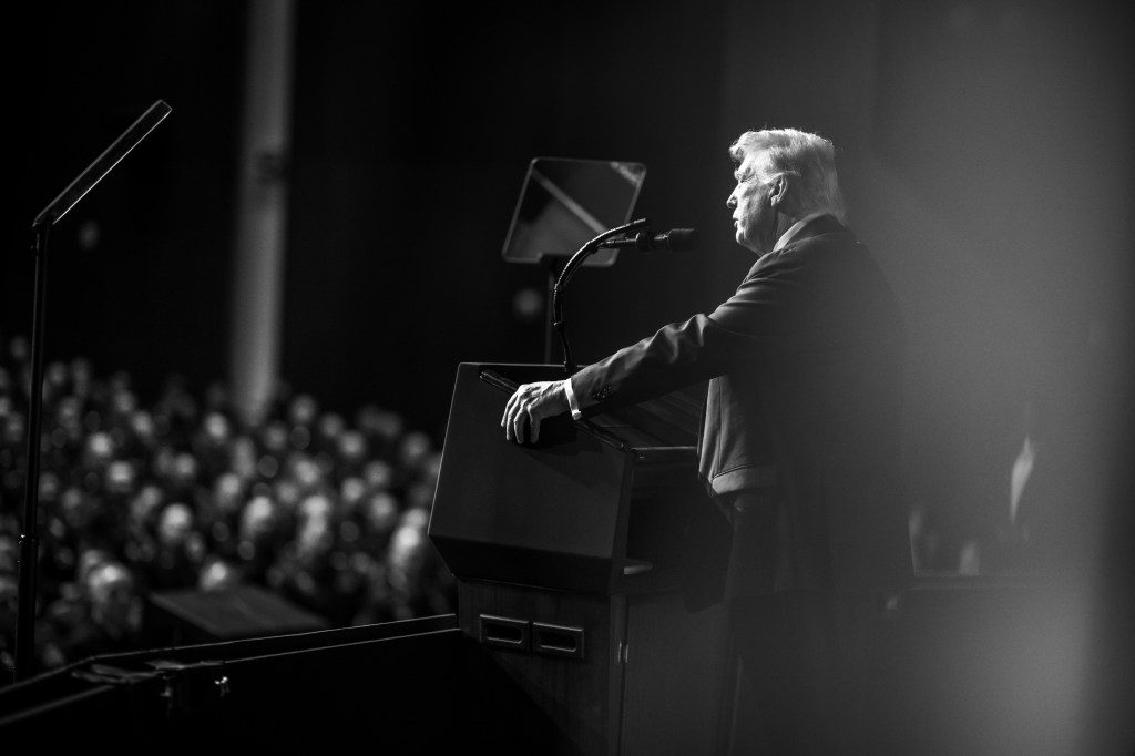President Donald Trump makes remarks at a gathering of top military leadership, Tuesday, September 30, 2025, at Marine Corps University in Quantico, Virginia. (Official White House Photo by Daniel Torok)