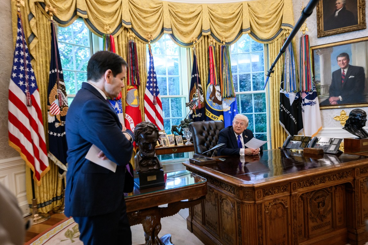 President Donald Trump receives an update from Secretary of State Marco Rubio on the U.S. peace plan for Gaza in the Oval Office, Friday, October 3, 2025. (Official White House Photo by Molly Riley)