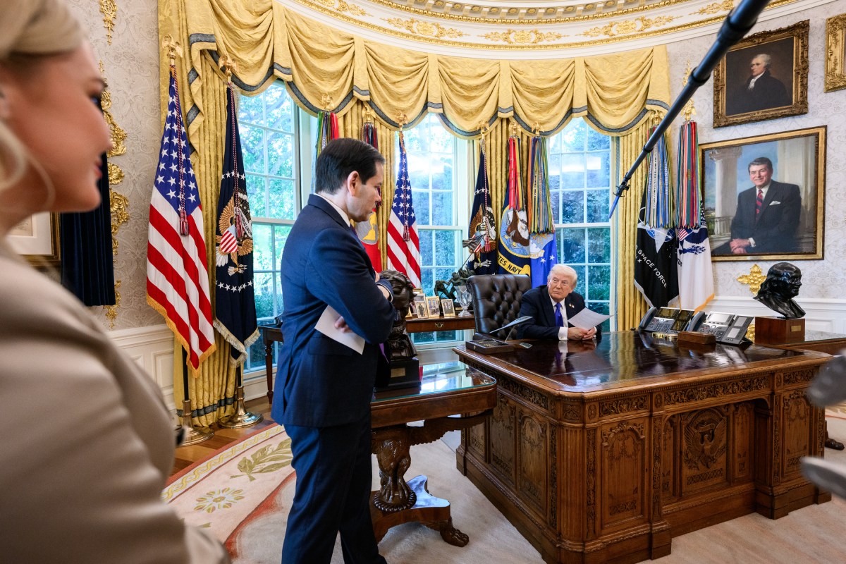 President Donald Trump receives an update from Secretary of State Marco Rubio on the U.S. peace plan for Gaza in the Oval Office, Friday, October 3, 2025. (Official White House Photo by Molly Riley)