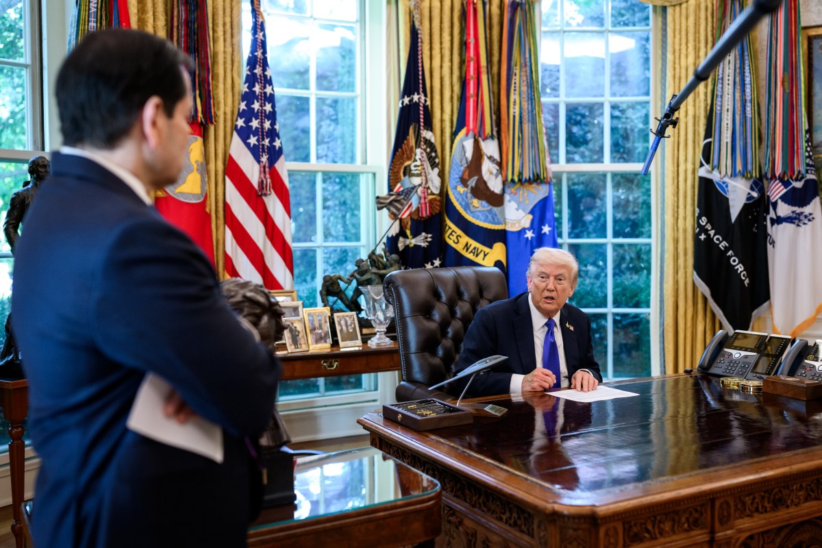President Donald Trump receives an update from Secretary of State Marco Rubio on the U.S. peace plan for Gaza in the Oval Office, Friday, October 3, 2025. (Official White House Photo by Molly Riley)