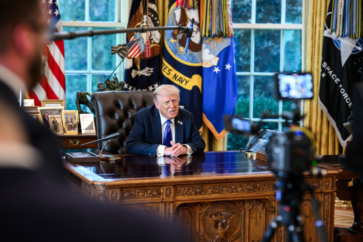President Donald Trump films a video giving updates on the U.S. peace plan for Gaza in the Oval Office, Friday, October 3, 2025. (Official White House Photo by Molly Riley)