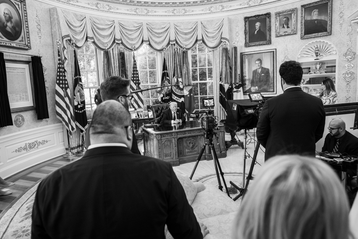 President Donald Trump films a video giving updates on the U.S. peace plan for Gaza in the Oval Office, Friday, October 3, 2025. (Official White House Photo by Molly Riley)