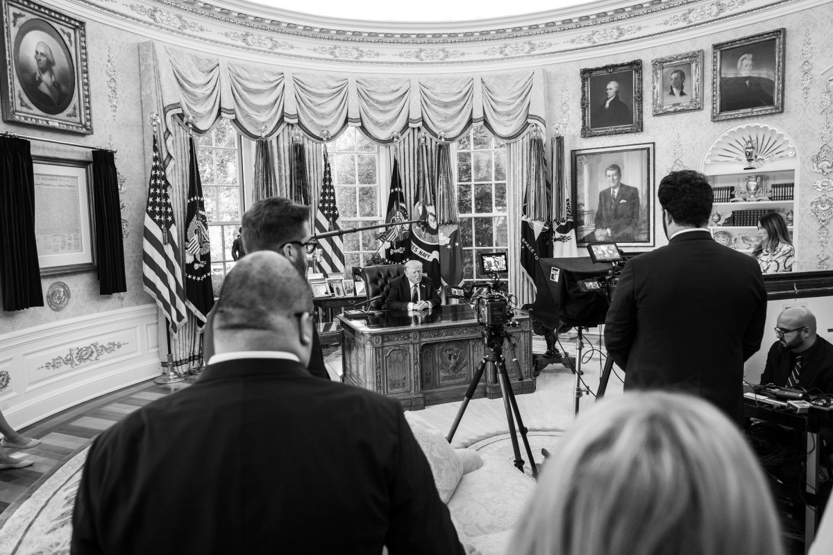 President Donald Trump films a video giving updates on the U.S. peace plan for Gaza in the Oval Office, Friday, October 3, 2025. (Official White House Photo by Molly Riley)