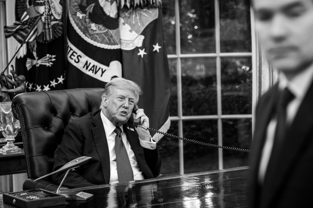 President Donald Trump speaks with Jared Kushner as he meets with Secretary of State Marco Rubio on the U.S. peace plan for Gaza in the Oval Office, Friday, October 3, 2025. (Official White House Photo by Molly Riley)