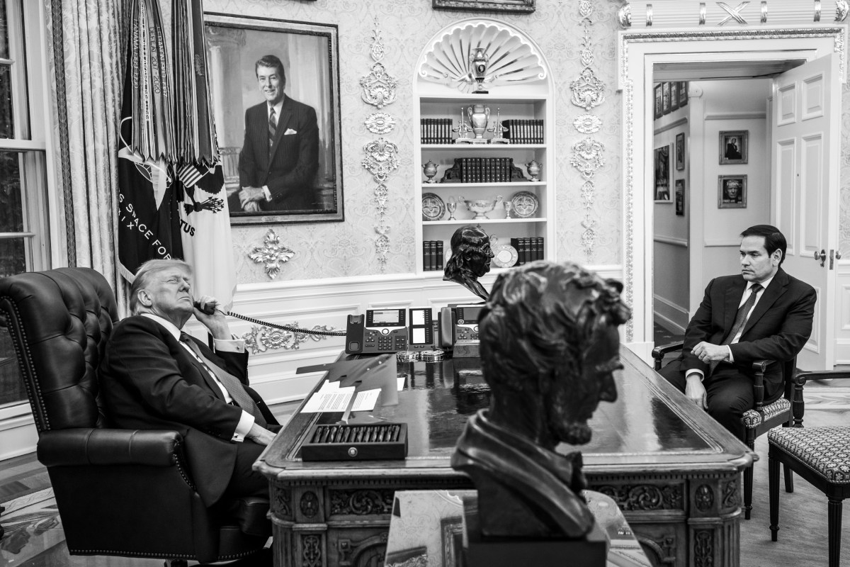 President Donald Trump speaks with Jared Kushner as he meets with Secretary of State Marco Rubio on the U.S. peace plan for Gaza in the Oval Office, Friday, October 3, 2025. (Official White House Photo by Molly Riley)