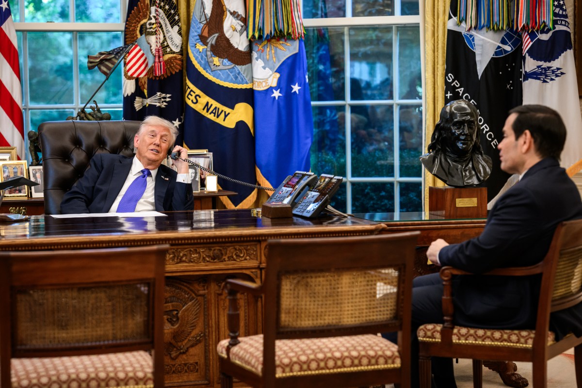 President Donald Trump speaks with Jared Kushner as he meets with Secretary of State Marco Rubio on the U.S. peace plan for Gaza in the Oval Office, Friday, October 3, 2025. (Official White House Photo by Molly Riley)