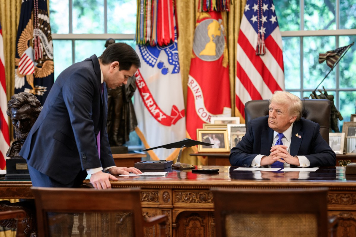 President Donald Trump meets with Secretary of State Marco Rubio to discuss the U.S. peace plan for Gaza in the Oval Office, Friday, October 3, 2025. (Official White House Photo by Molly Riley)