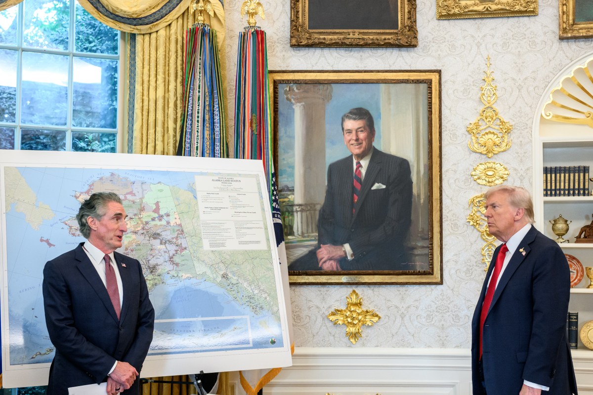 President Donald Trump speaks with Secretary of the Interior Doug Burgum before signing an Executive Order approving the Ambler Road Project in Alaska, Monday, October 6, 2025, in the Oval Office. (Official White House Photo by Joyce N. Boghosian)