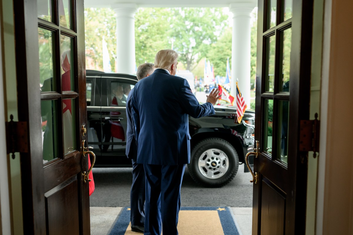 President Donald Trump greets Canadian Prime Minister Mark Carney at the West Wing Lobby of the White House, Tuesday, October 7, 2025. (Official White House Photo by Daniel Torok)