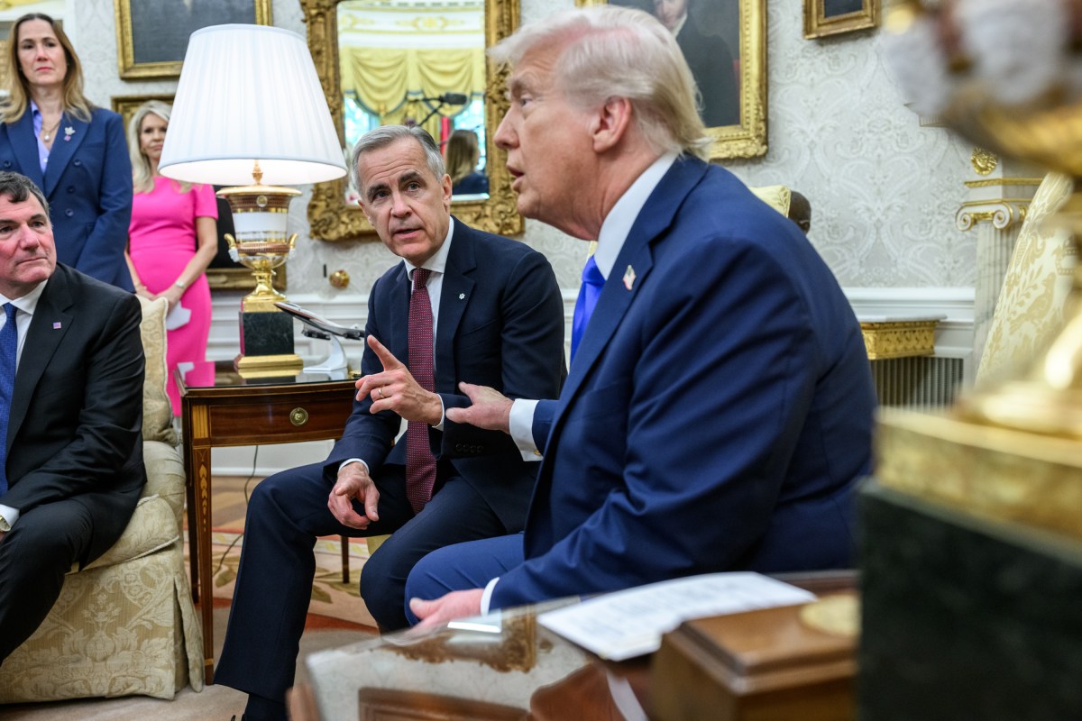 President Donald Trump and Canadian Prime Minister Mark Carney field questions from members of the media before their meeting, Tuesday, October 7, 2025, in the Oval Office. (Official White House Photo by Daniel Torok)