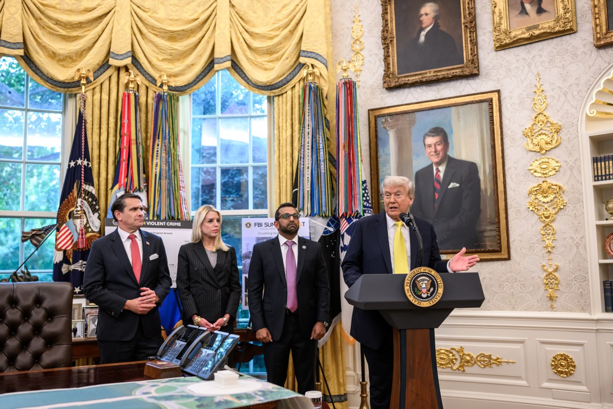 President Donald Trump participates in a press conference with FBI Director Kash Patel, Attorney General Pam Bondi, and Deputy Attorney General Todd Blanche, Wednesday, October 15, 2025, in the Oval Office. (Official White House Photo by Molly Riley)