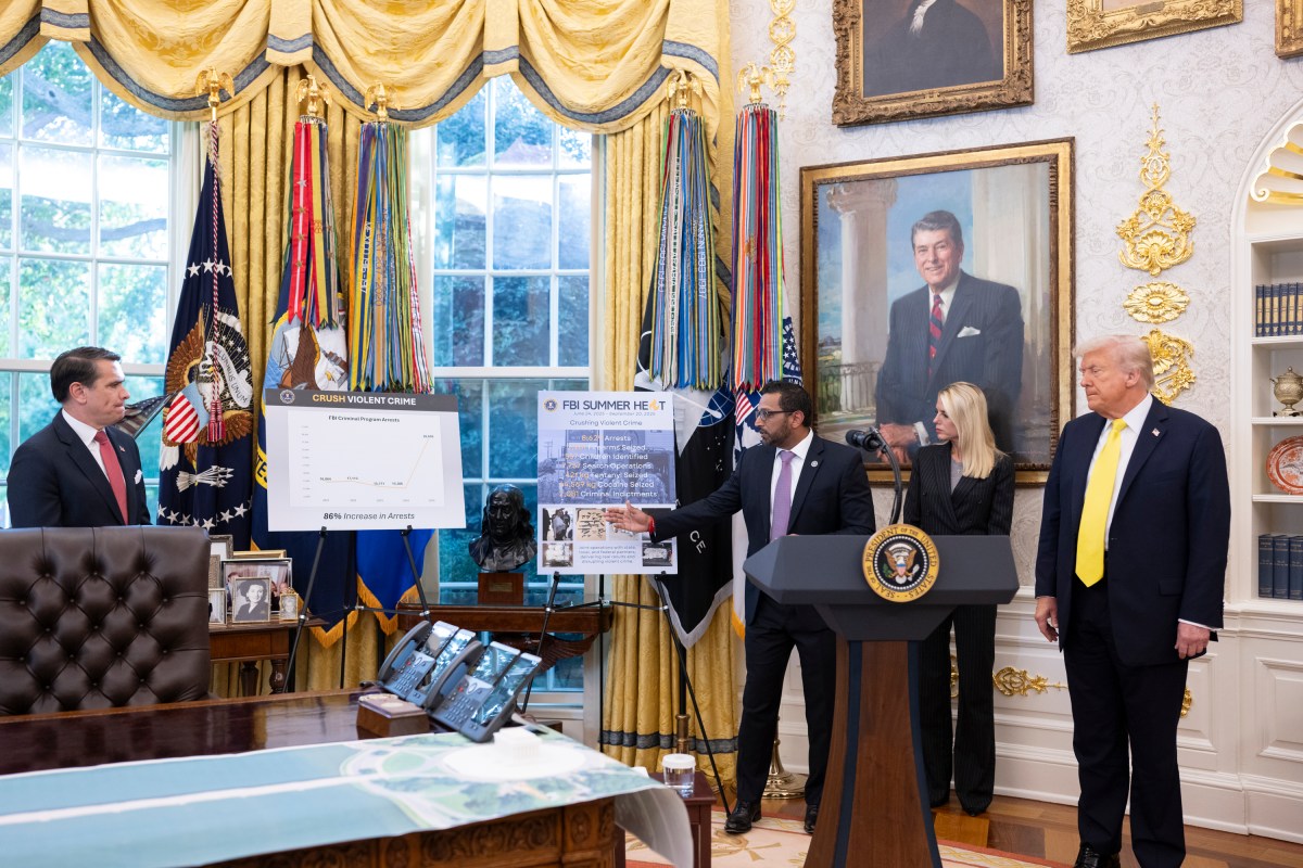 President Donald Trump participates in a press conference with FBI Director Kash Patel, Attorney General Pam Bondi, and Deputy Attorney General Todd Blanche, Wednesday, October 15, 2025, in the Oval Office. (Official White House Photo by Molly Riley)