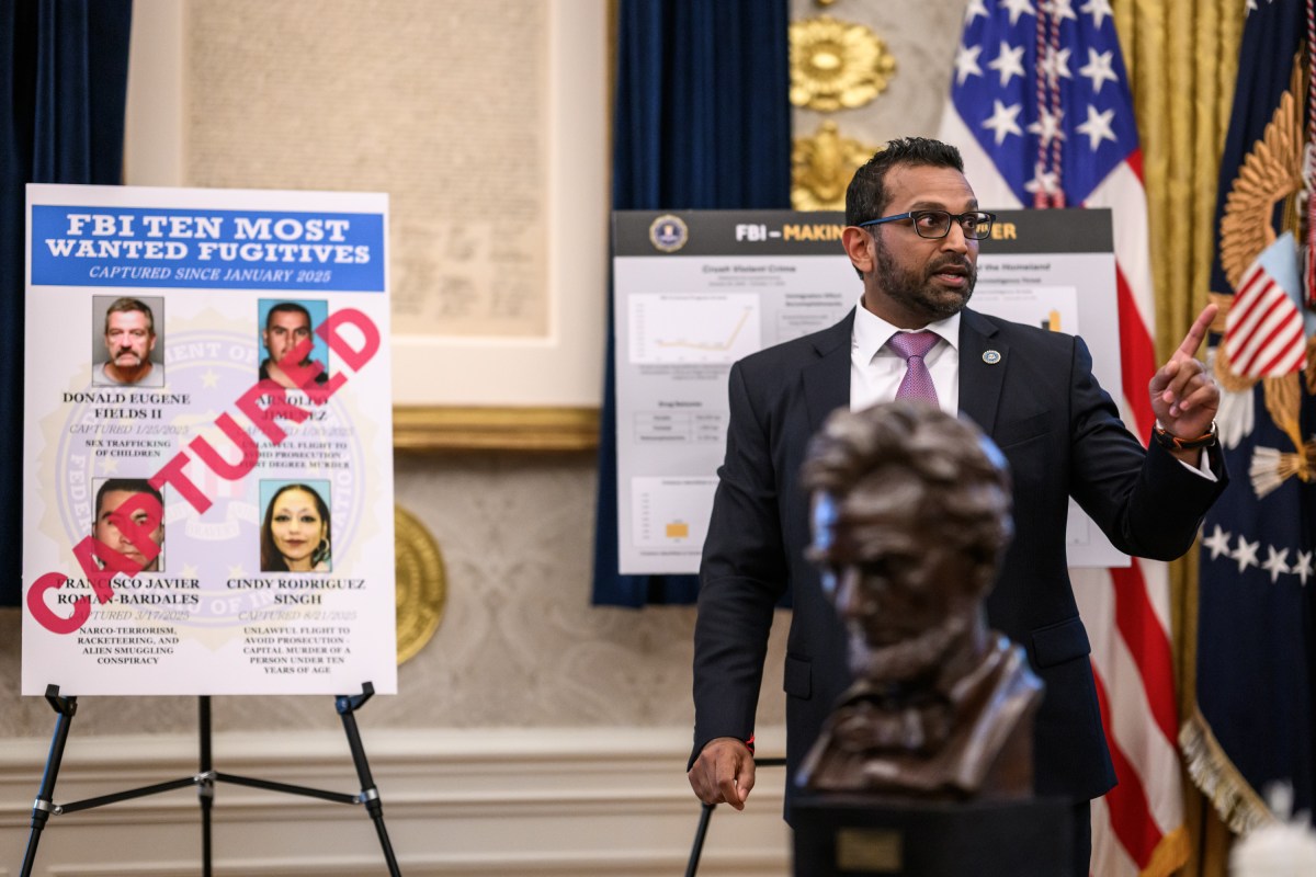 President Donald Trump participates in a press conference with FBI Director Kash Patel, Attorney General Pam Bondi, and Deputy Attorney General Todd Blanche, Wednesday, October 15, 2025, in the Oval Office. (Official White House Photo by Molly Riley)
