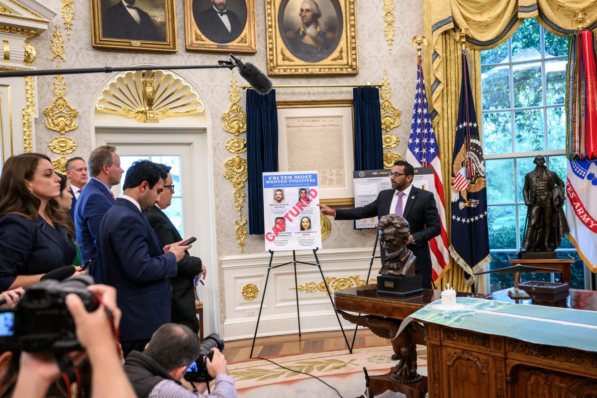 President Donald Trump participates in a press conference with FBI Director Kash Patel, Attorney General Pam Bondi, and Deputy Attorney General Todd Blanche, Wednesday, October 15, 2025, in the Oval Office. (Official White House Photo by Molly Riley)