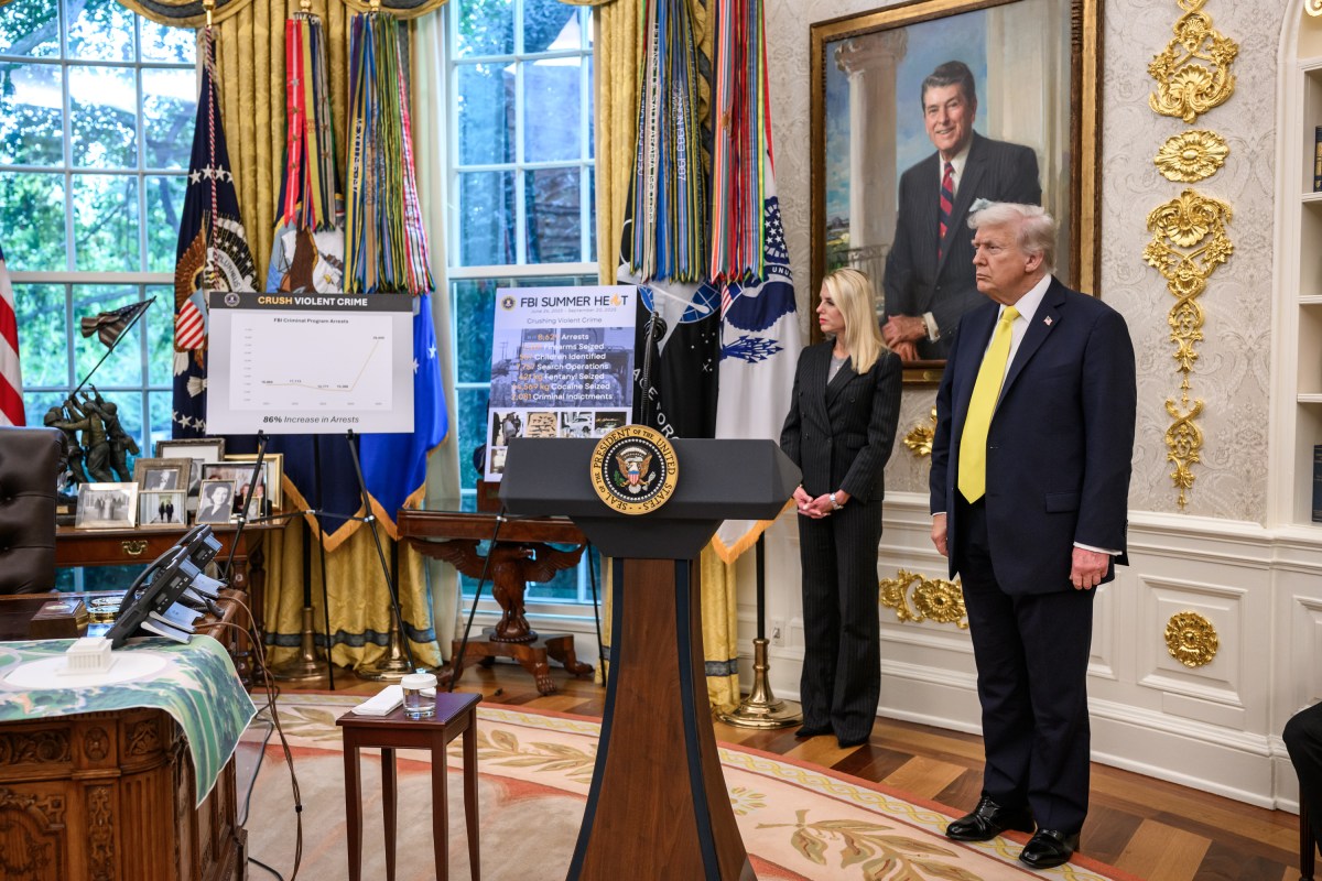 President Donald Trump participates in a press conference with FBI Director Kash Patel, Attorney General Pam Bondi, and Deputy Attorney General Todd Blanche, Wednesday, October 15, 2025, in the Oval Office. (Official White House Photo by Molly Riley)