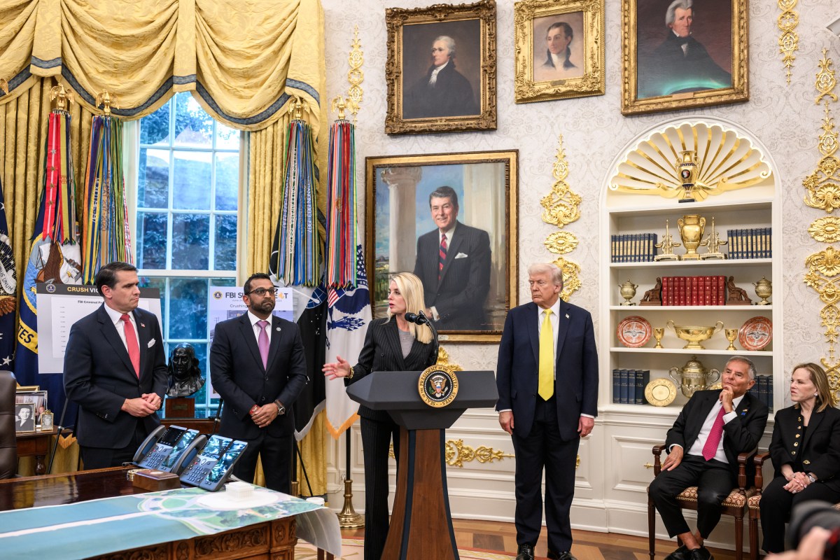 President Donald Trump participates in a press conference with FBI Director Kash Patel, Attorney General Pam Bondi, and Deputy Attorney General Todd Blanche, Wednesday, October 15, 2025, in the Oval Office. (Official White House Photo by Molly Riley)