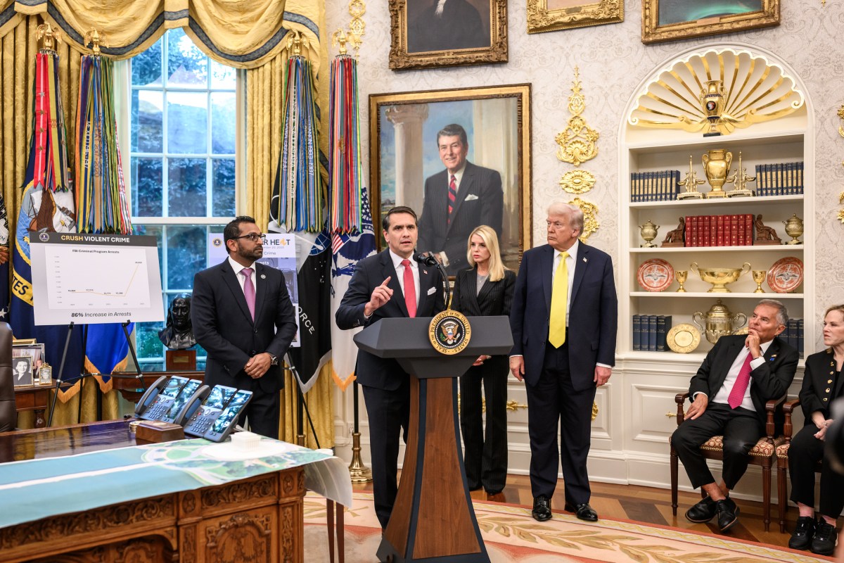 President Donald Trump participates in a press conference with FBI Director Kash Patel, Attorney General Pam Bondi, and Deputy Attorney General Todd Blanche, Wednesday, October 15, 2025, in the Oval Office. (Official White House Photo by Molly Riley)