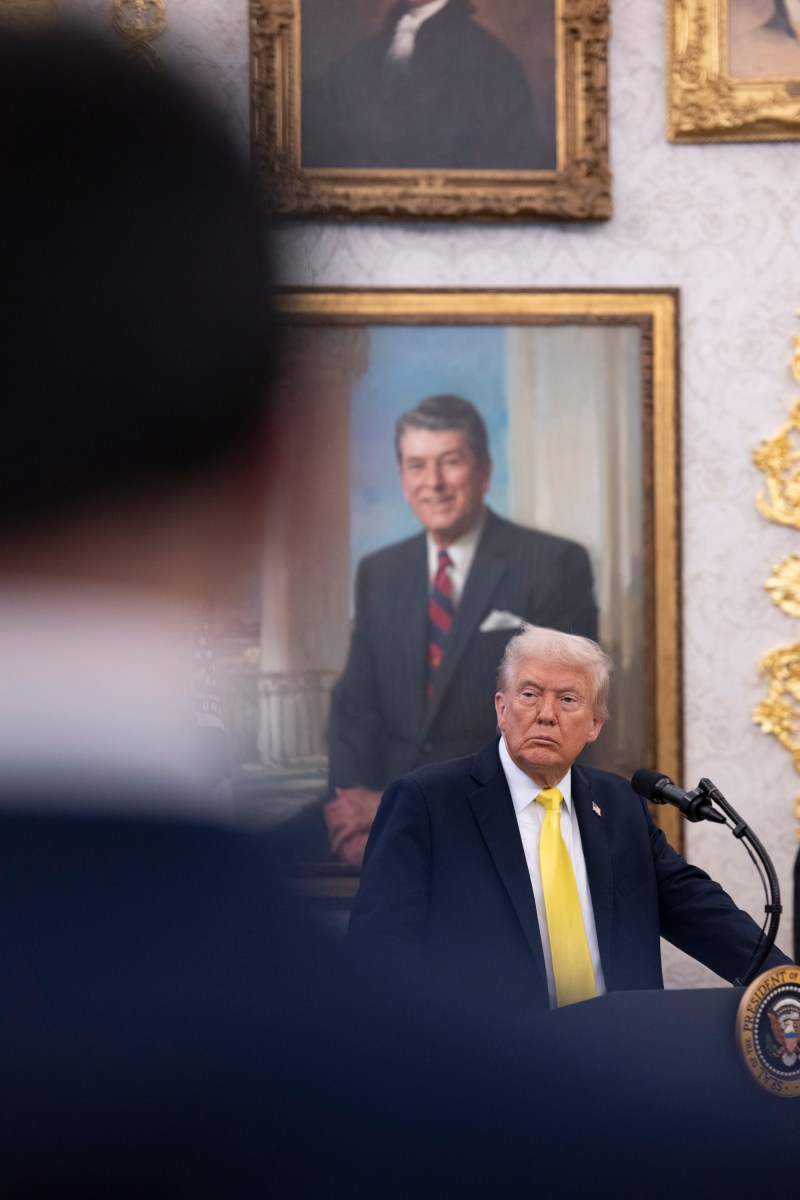 President Donald Trump participates in a press conference with FBI Director Kash Patel, Attorney General Pam Bondi, and Deputy Attorney General Todd Blanche, Wednesday, October 15, 2025, in the Oval Office. (Official White House Photo by Molly Riley)