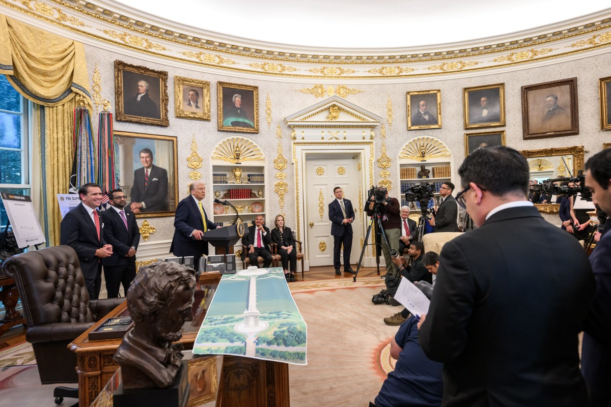 President Donald Trump participates in a press conference with FBI Director Kash Patel, Attorney General Pam Bondi, and Deputy Attorney General Todd Blanche, Wednesday, October 15, 2025, in the Oval Office. (Official White House Photo by Molly Riley)