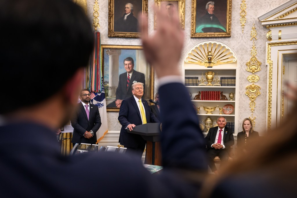 President Donald Trump participates in a press conference with FBI Director Kash Patel, Attorney General Pam Bondi, and Deputy Attorney General Todd Blanche, Wednesday, October 15, 2025, in the Oval Office. (Official White House Photo by Molly Riley)