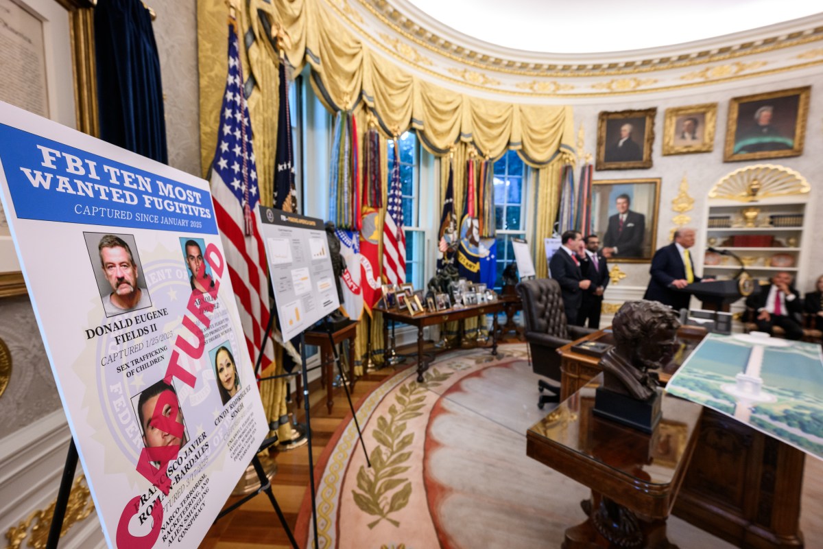 President Donald Trump participates in a press conference with FBI Director Kash Patel, Attorney General Pam Bondi, and Deputy Attorney General Todd Blanche, Wednesday, October 15, 2025, in the Oval Office. (Official White House Photo by Molly Riley)