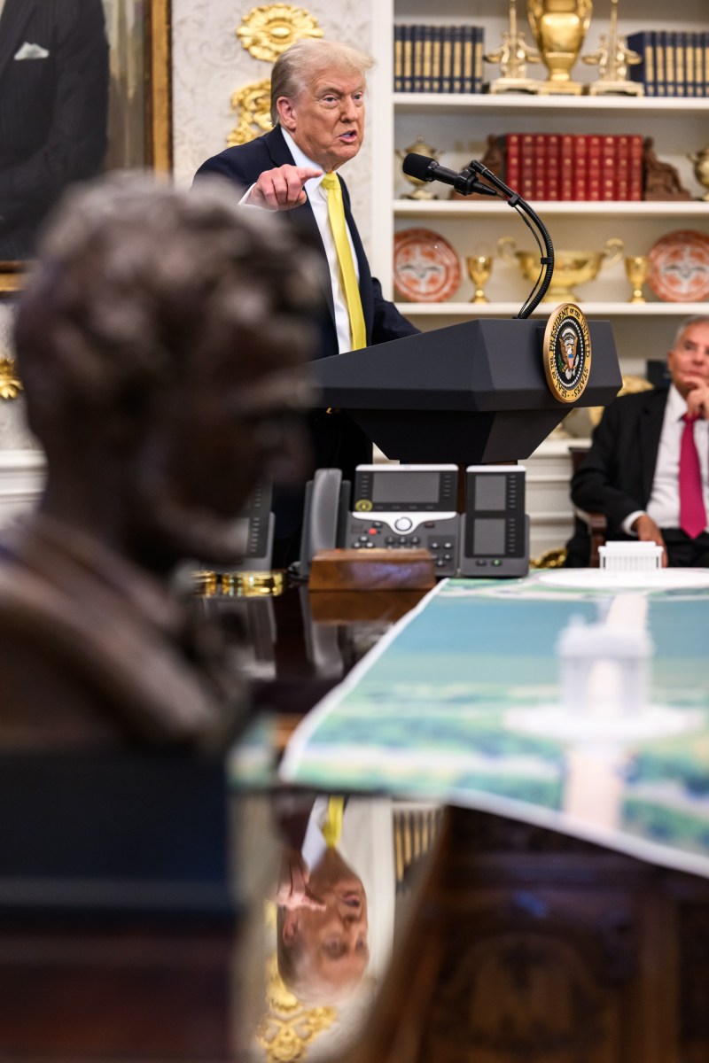 President Donald Trump participates in a press conference with FBI Director Kash Patel, Attorney General Pam Bondi, and Deputy Attorney General Todd Blanche, Wednesday, October 15, 2025, in the Oval Office. (Official White House Photo by Molly Riley)