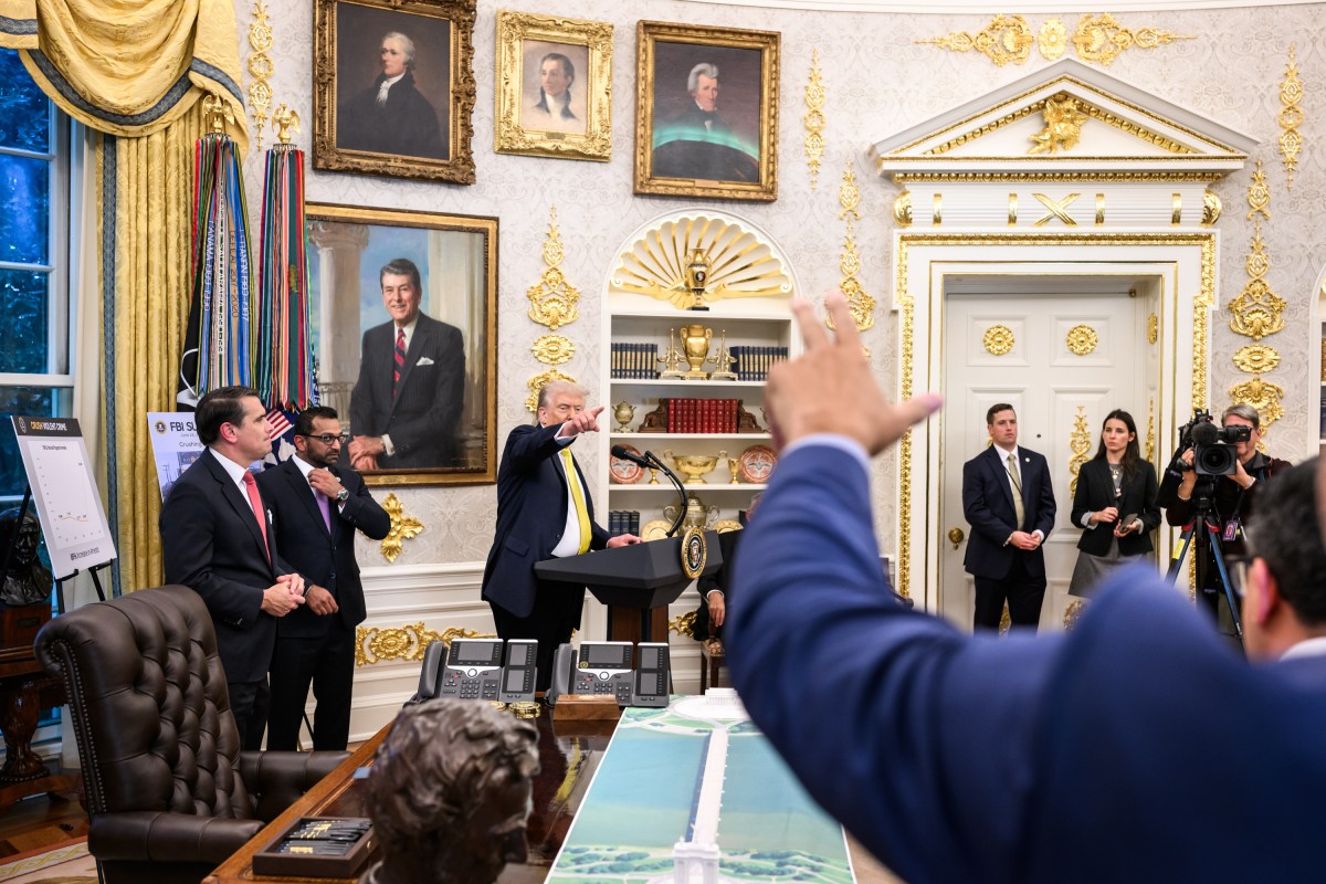 President Donald Trump participates in a press conference with FBI Director Kash Patel, Attorney General Pam Bondi, and Deputy Attorney General Todd Blanche, Wednesday, October 15, 2025, in the Oval Office. (Official White House Photo by Molly Riley)