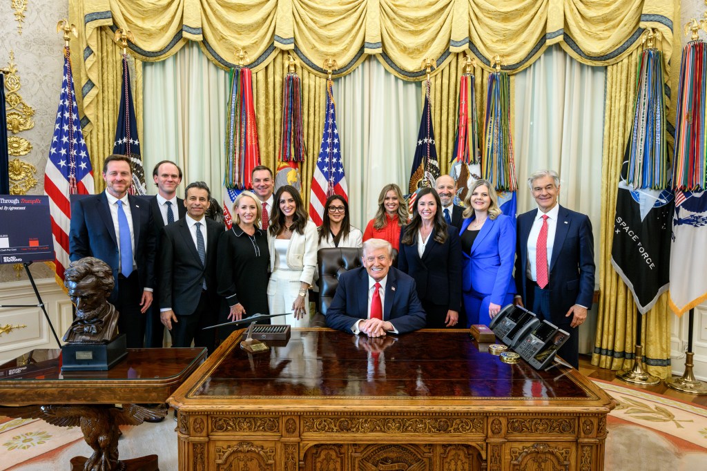 President Donald Trump delivers remarks regarding access to fertility drugs alongside HHS Secretary Robert F. Kennedy, Jr., Secretary of Commerce Howard Lutnick, CMMS Administrator Dr. Mehmet Oz, Secretary of Labor Lori Chavez-DeRemer Rep. Katie Britt (R-AL) and guests, Thursday, October 16, 2025, in the Oval Office.(Official White House Photo by Molly Riley)