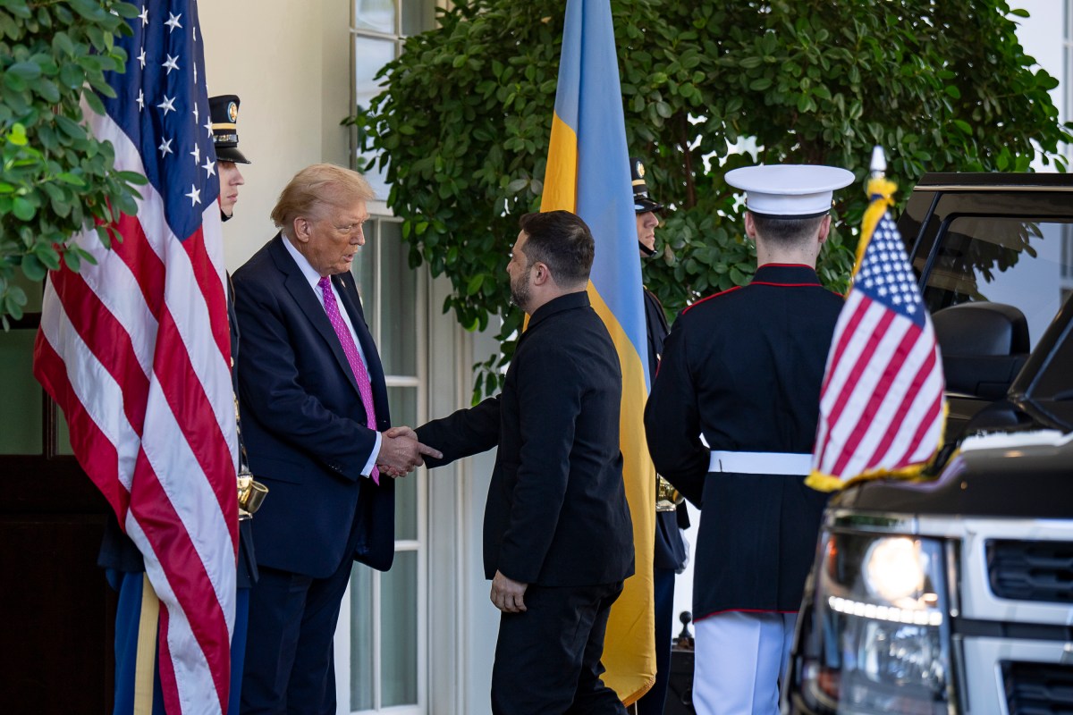 President Donald Trump greets Ukrainian President Volodymyr Zelenskyy at the West Wing Lobby entrance of the White House, Friday, October 17, 2025. (Official White House Photo by Juliana Luz)