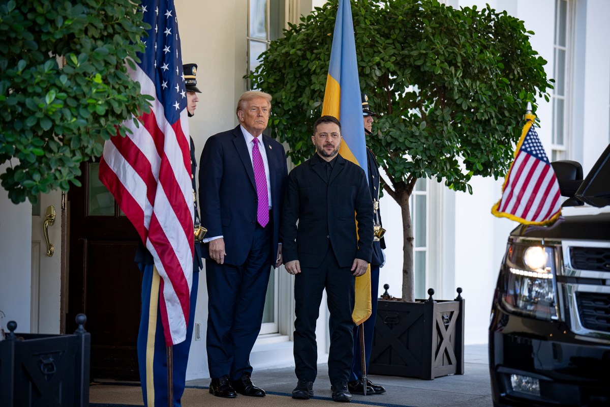 President Donald Trump greets Ukrainian President Volodymyr Zelenskyy at the West Wing Lobby entrance of the White House, Friday, October 17, 2025. (Official White House Photo by Juliana Luz)