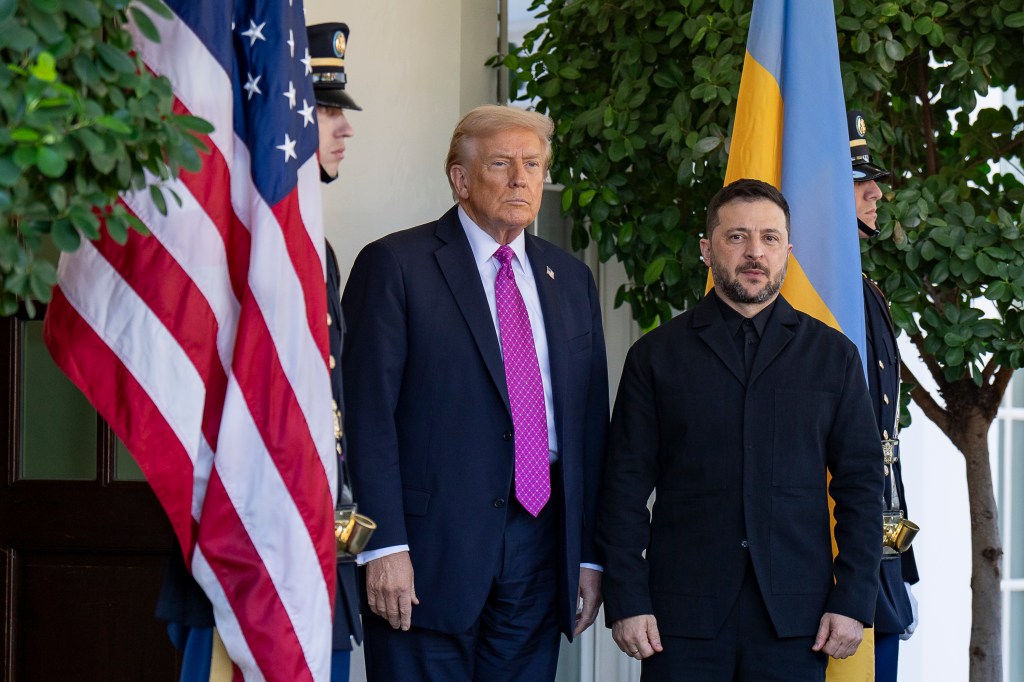 President Donald Trump greets Ukrainian President Volodymyr Zelenskyy at the West Wing Lobby entrance of the White House, Friday, October 17, 2025. (Official White House Photo by Juliana Luz)