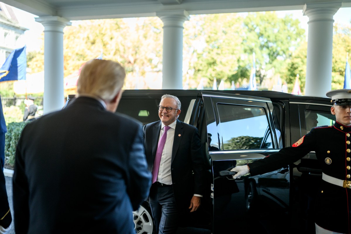 President Donald Trump greets Australian Prime Minister Anthony Albanese at the West Wing Lobby entrance of the White House, Monday, October 20, 2025. (Official White House Photo by Daniel Torok)