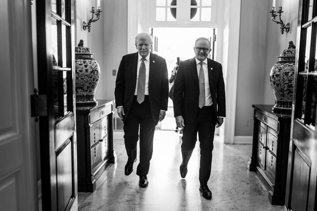 President Donald Trump greets Australian Prime Minister Anthony Albanese at the West Wing Lobby entrance of the White House, Monday, October 20, 2025. (Official White House Photo by Daniel Torok)