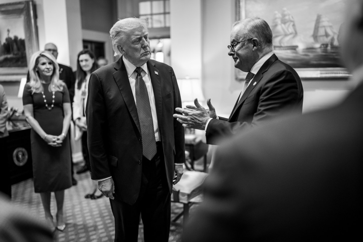 Australian Prime Minister Anthony Albanese speaks with President Donald Trump while greeting members of the U.S. delegation in the West Wing Lobby of the White House, Monday, October 20, 2025, before a bilateral meeting. (Official White House Photo by Daniel Torok)