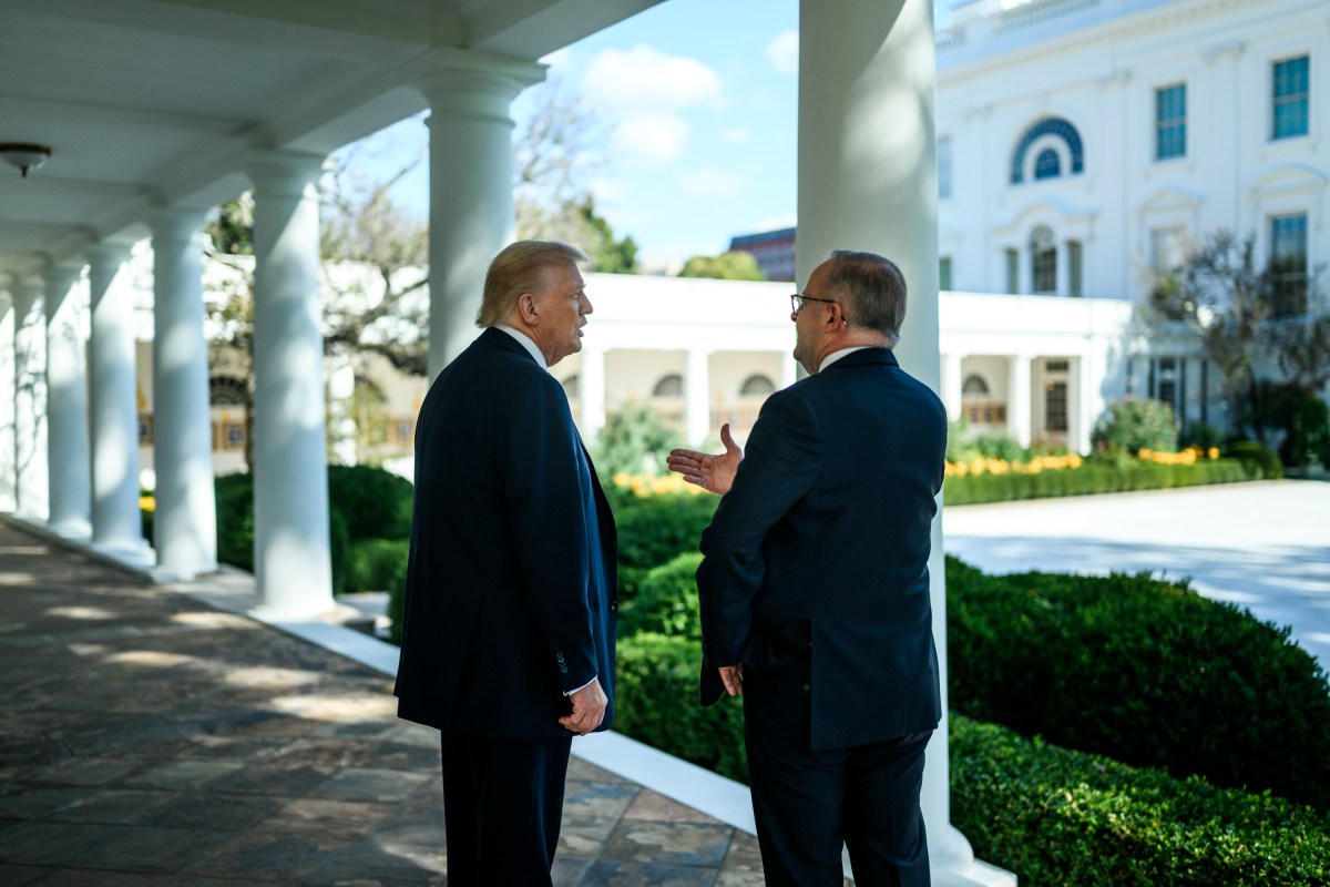 President Donald Trump speaks with Australian Prime Minister Anthony Albanese on the West Colonnade, Monday, October 20, 2025, before a bilateral meeting. (Official White House Photo by Daniel Torok)